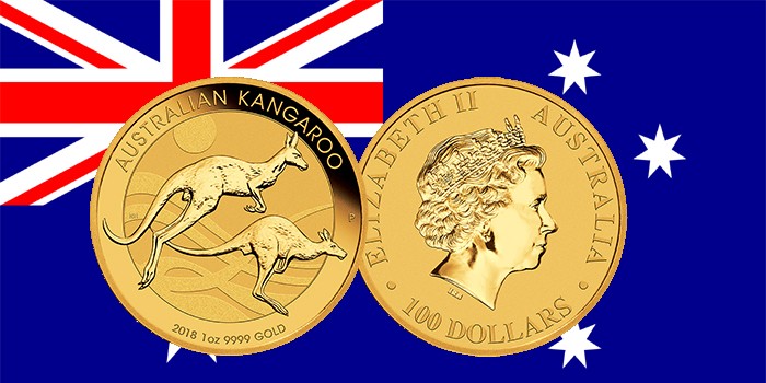 Anverso y reverso del bullion Canguro, sobre el fondo de la bandera de Australia