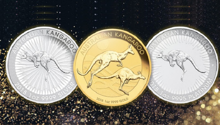 Canguros de oro, plata y platino acuñados por la Perth Mint