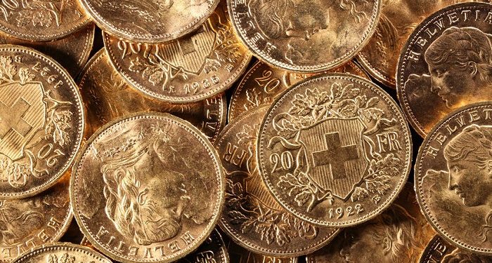 Monedas de 20 francos suizos de oro, conocidas como Vreneli