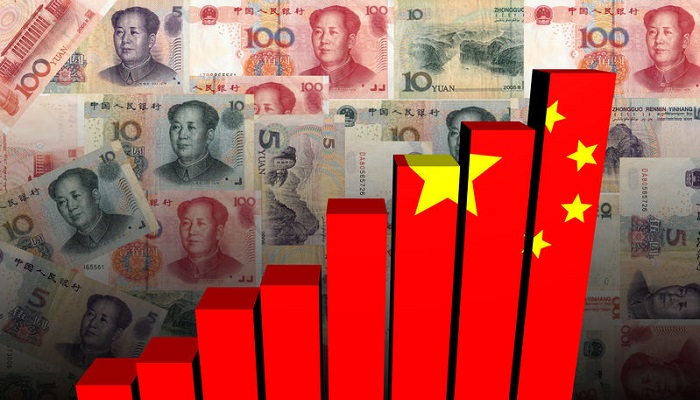 Gráfico de barras con bandera y billetes de China