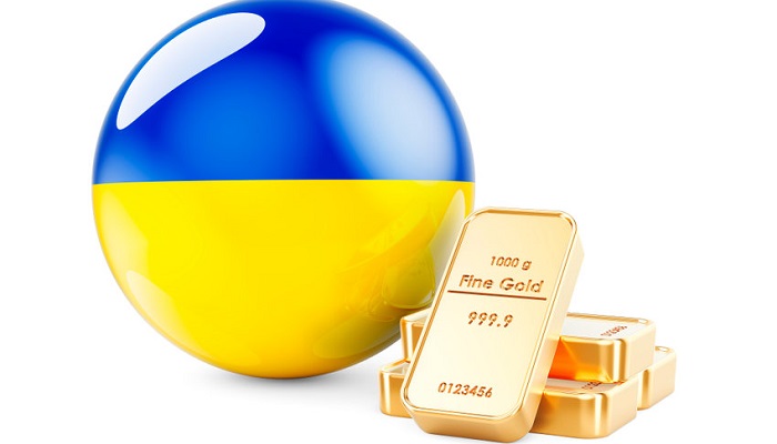 Bandera de Ucrani con lingotes de oro