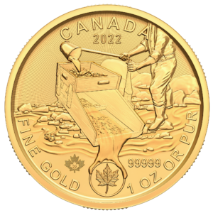 Reverso de la moneda de oro dedicada por la Royal Canadian Mint al Klondike