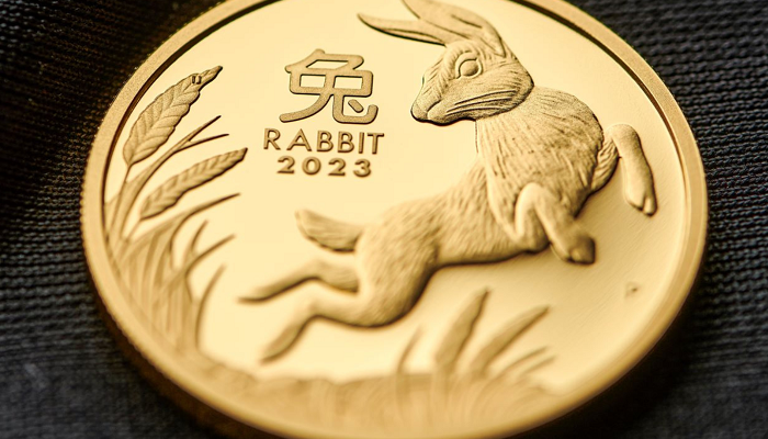 Reverso de la moneda de oro dedicada al Año del Conejo 2023 por la Perth Mint